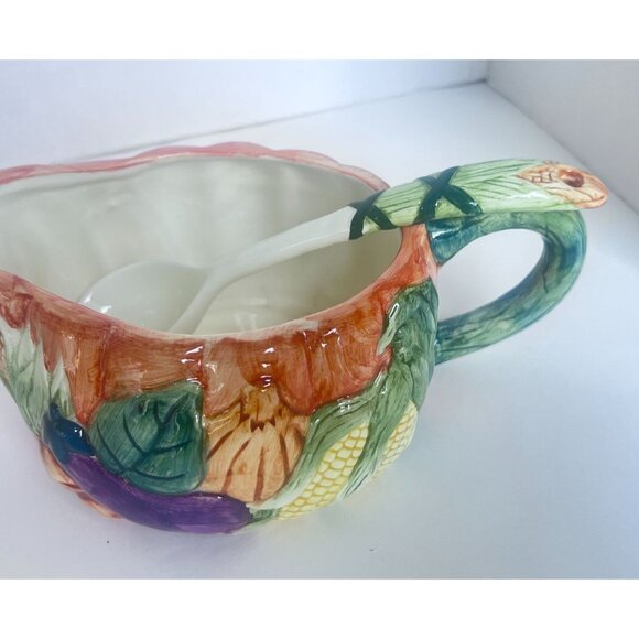 Ceramic Harvest-Themed Gravy Boat With Handle & Matching Spoon Hand-Painted - Picture 13 of 14